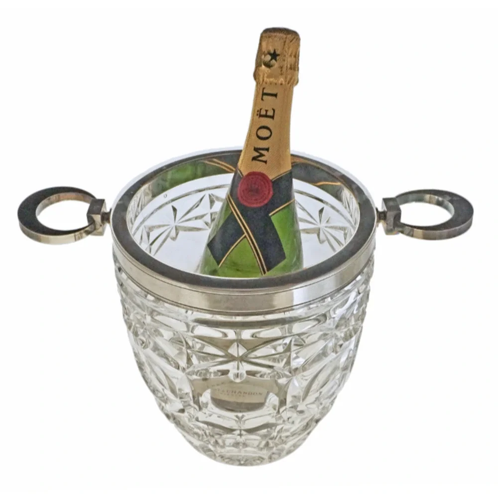French Silver Plated Cut Glass Champagne Ice Bucket Hoop Handles Vintage EL